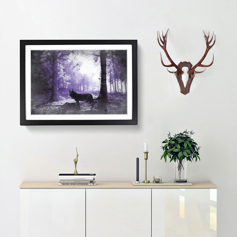 Black Wolf in a Purple Forest in Abstract - Picture Frame Painting Print, 48cm H x 65cm W x 2cm D, Black Framed