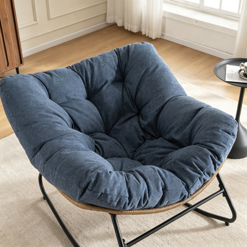 Oversize Egg‑Shaped Wicker Rocking Chair, Papasan Rocker with Thick Soft Fabric Cushion, Powder‑Coated Metal Frame, Anti‑Slip Foot Pads, Indoor Outdoor Rocking Chair for Porch, Balcony, Living Room & Bedroom