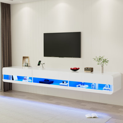 94.5" Wall Mounted Floating Tv Stand With Led Lighting And Built In Power Outlet Modern High Gloss Entertainment Center With Open Storage Shelves