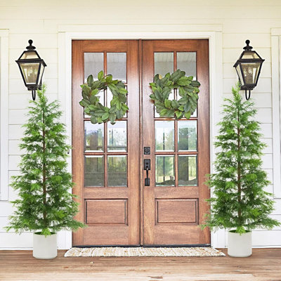 2Pcs Artificial Cedar Topiary Trees in Pot, UV Resistant Faux Evergreen for Outdoor/Indoor Decor