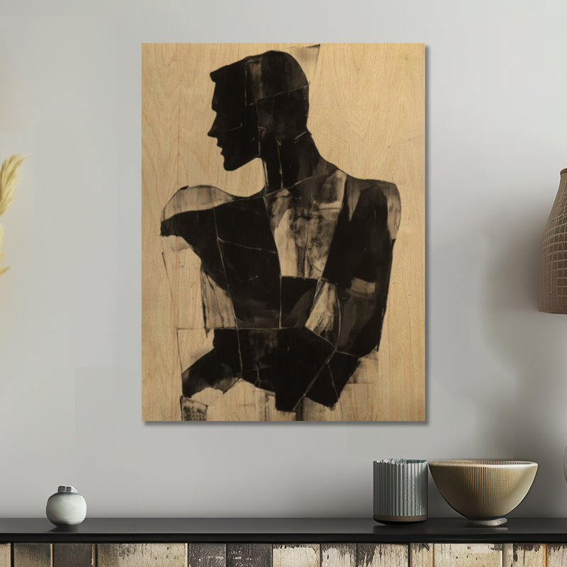 Silhouette fracturée - Portrait noir abstrait, impression décorative sur bois, H 24 po x l 18 po, Rectangulaire