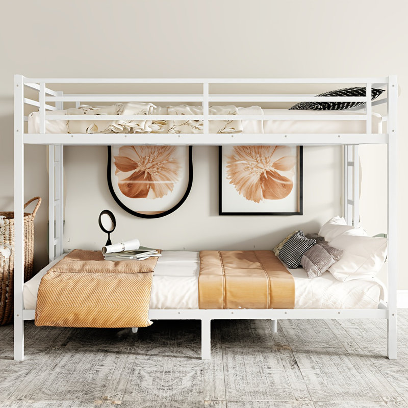 Grand lit superposé en métal pour adultes et adolescents, conception robuste et peu encombrante avec réduction du bruit, sans sommier tapissier, blanc