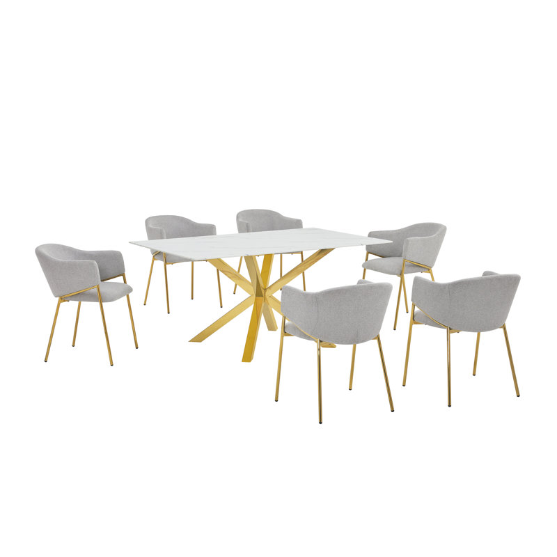 Rectangular Glass With Marble Wrap Dining Set With Linen Chairs, 7, Gray/Gold