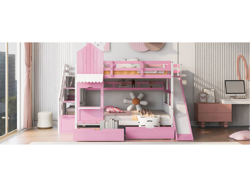 Full-Over-Full Castle Style Bunk Bed With 2 Drawers 3 Shelves And Slide - Pink, Full Over Full, Pink