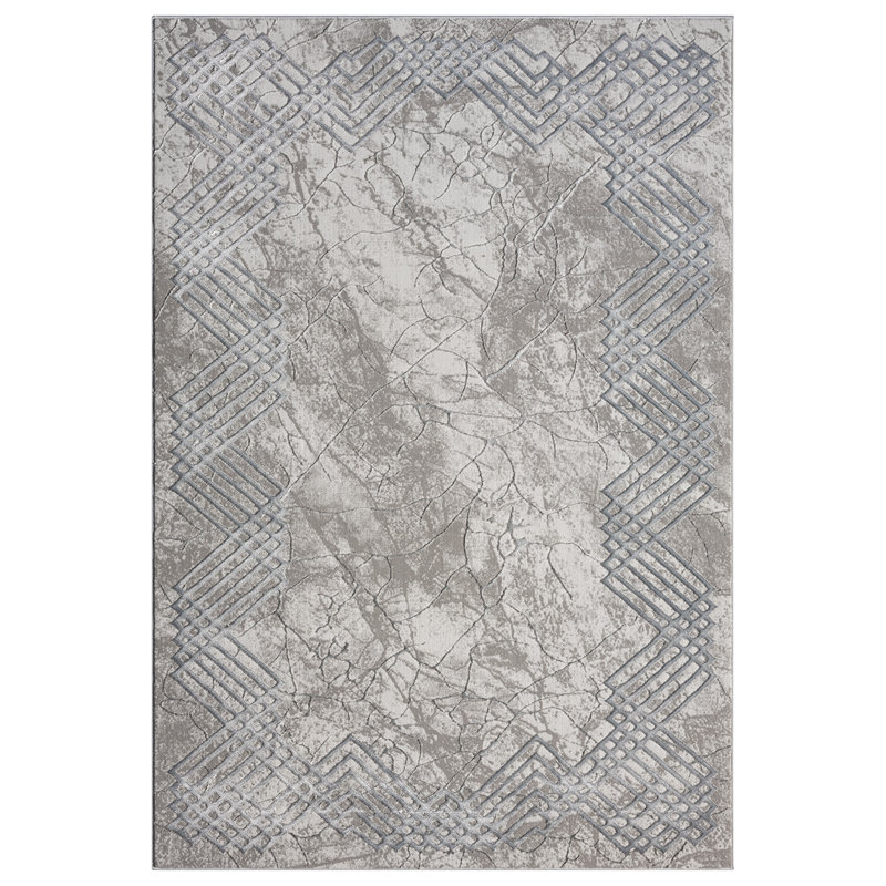 Tapis à bordure abstraite gris Ksamil Collection, Rectangle 5 pi 3 po x 7 pi 3 po