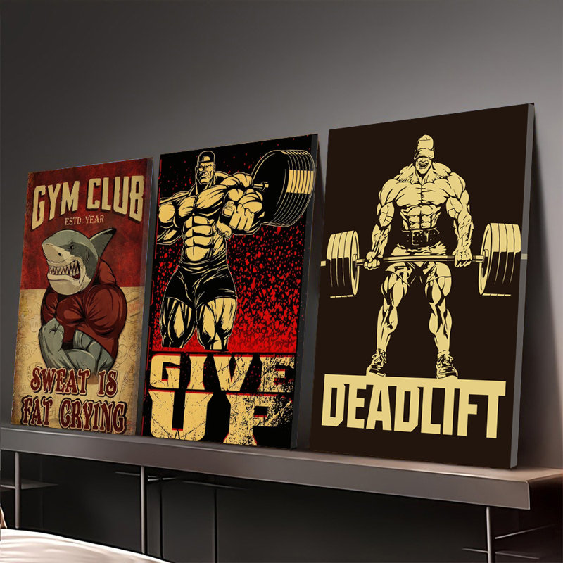 Ensemble de 3 affiches murales encadrées, de style vintage, sur toile, pour salle de sport ou bureau. Affiches de motivation fitness avec un culturiste soulevant des haltères et la citation « La sueur, c'est du gras qui pleure ». Décor rétro idéal pour un gym à domicile, un espace de musculation, un coin détente ou un bureau.