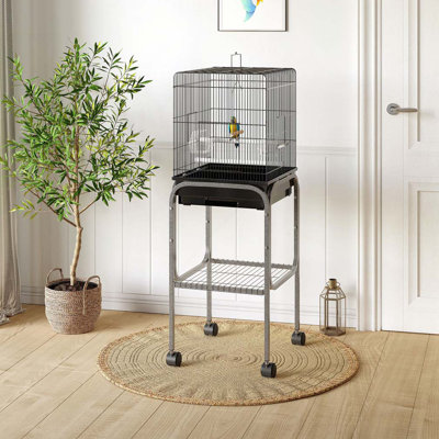 Cage à oiseau, cage à perroquet, volière à oiseau avec support à roulettes amovible, panier de rangement et accessoires Pawhut