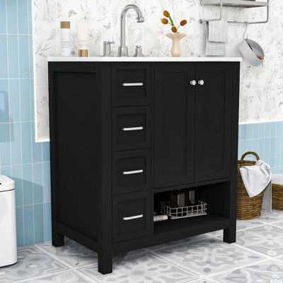 Meuble-lavabo autoportant élégant avec lavabo en céramique et beaucoup de rangement