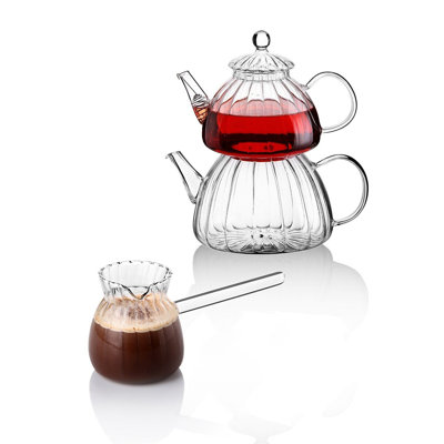 Ensemble de théière et cafetière Elegant (2 pièces), verre 100% borosilicaté, théière 27,1 oz et cafetière 15,2 oz | Résistant à la chaleur et aux flammes, comprend une crépine en acier | Ajout élégant pour les amateurs de thé et de café