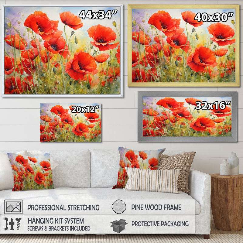 Radiant rouge coquelicots, Cadre simple blanc, H 34 po x l 44 po x P 1,5 po