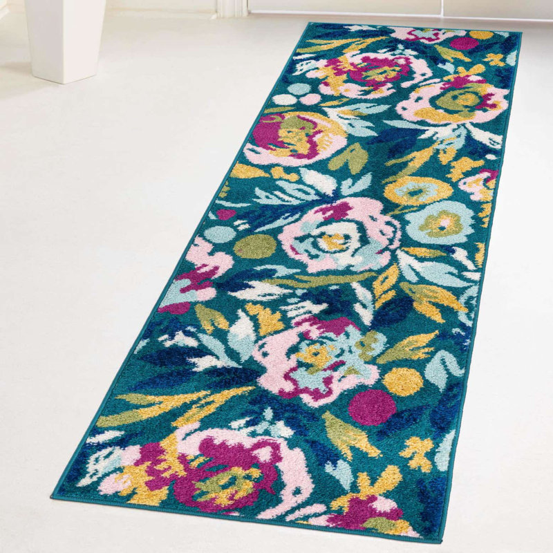 Holle Floral Area Rug, Rectangle 7'10" x 10', Teal/Yellow/Pink