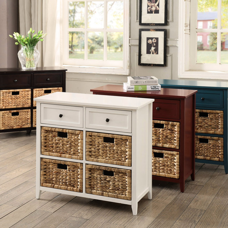 Console de couleur bleu sarcelle: espace de 6 tiroirs, devant en panier, aspect coulissant en métal lisse avec 6 espaces de rangement,