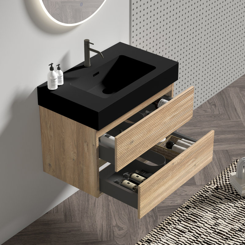 Meuble-lavabo mural flottant, 30 pi avec lavabo en quartz d'ingénierie en chêne, tiroirs noirs doux, esthétique Mid-Century, laque à base d'eau E0