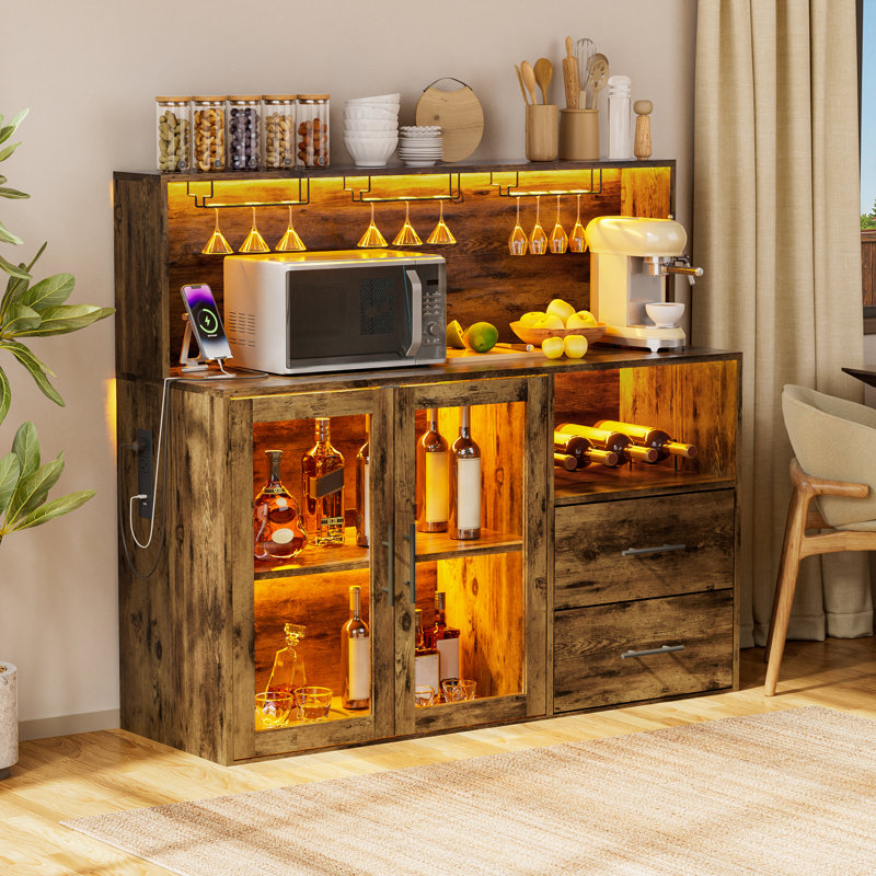 Wine Bar Cabinet with RGB Light, Liquor Cabinet with Wine Rack and Glass Holder, Coffee Bar Cabinets with USB Power Outlet, Wine Cabinets with Drawers for Home, Kitchen, Living Room