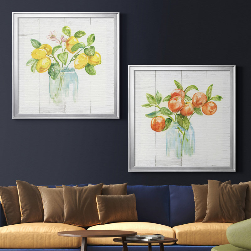 Branches de citron - ensemble de 2 impressions, H 22,5 po x l 45 po x P 1,5 po, Toile encadrée argentée, Pas de tapis