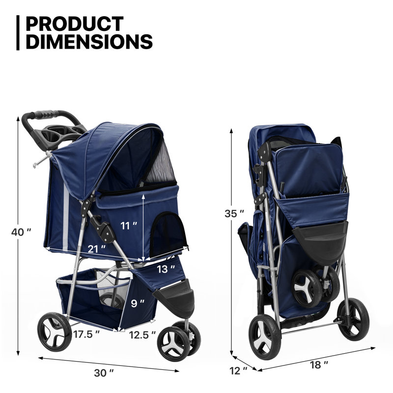 Foldable Pet Stroller, 3 Wheels Folding Carrier Jogger Stroller for Dogs Cats with Canopy and Basket, Navy Blue