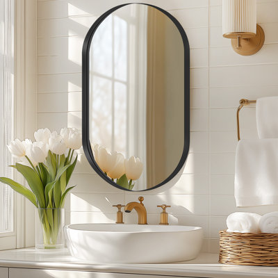 Armoire à pharmacie encastrée avec miroir, armoires à pharmacie à miroir pour salle de bain, armoire de salle de bain avec miroir ovale 21 po x 34 po avec rangement et structure en métal lourd, fixation murale en surface (noir, ovale)