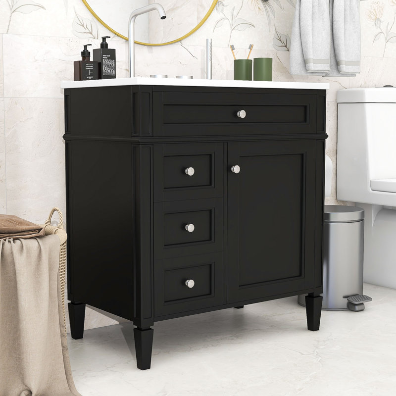 Meuble-lavabo de salle de bain avec comptoir en céramique et plateau coulissant en céramique sriyaan, Noir, noir, noir, noir