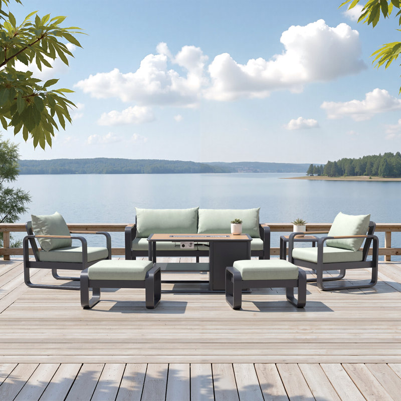 Andes 7-Piece Sunbrella® Outdoor Patio Fire Seating Set - Canvas Oasis, Canvas Oasis