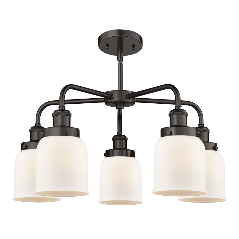 Lustre en verre à 5 lumières Bell, Blanc mat, Bronze huilé