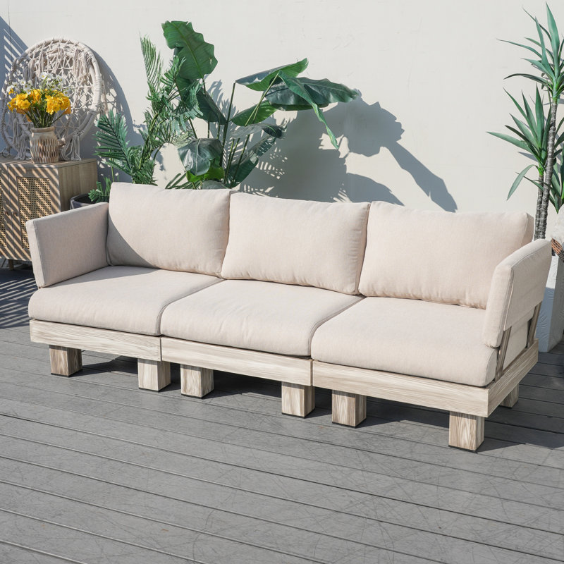 Choi W81.4"*d28.9"*h25.7" Outdoor Patio Deep Seating Aluminum Wood Grain Three-seat Sofa With Beige Cushions