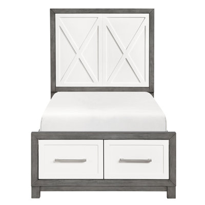Lit simple moderne avec rangement, agencement de couleurs grises, tiroirs, plateau de lit sans sommier de style contemporain, poignées de barre coulissantes en nickel