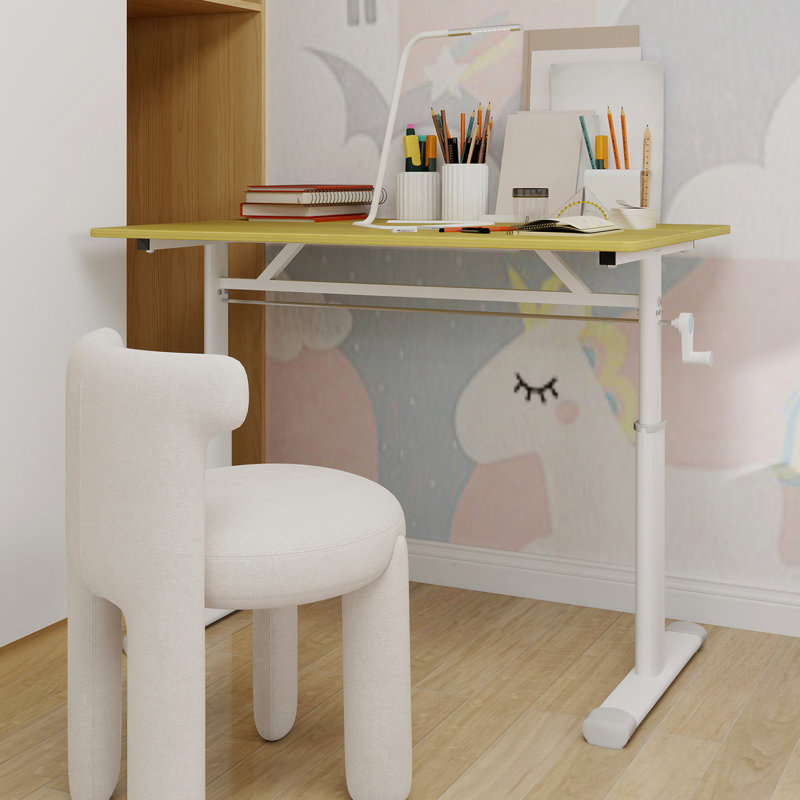 Hauteur - Bureau réglable pour et adultes, ajustement manuel, pieds de table blancs, matériau en fer et en bois, bon bureau à domicile avec support à double colonne, petits espaces d'étude