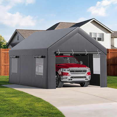 Tente d'abri d'auto portative robuste - garage imperméable toutes saisons 20 x 10 x 10 pi, 4 portes à fermeture à glissière enroulables, fenêtres en filet, structure en acier galvanisé, voiture, camion, VUS, bateau