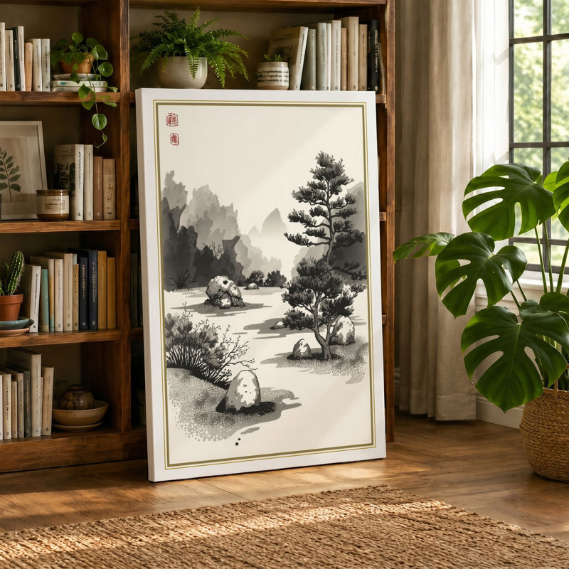 Misty Valley Stream Japandi - Wrapped Canvas, 18x12 - 45.7 x 30.5 cm, White Border