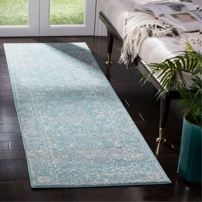 Tapis bleu clair / ivoire Anastacia, Tapis de couloir 2 pi 2 po x 9 pi