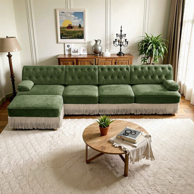 Canapé Chesterfield modulaire en L adapté aux animaux de compagnie avec jupe à pampilles et repose-pieds