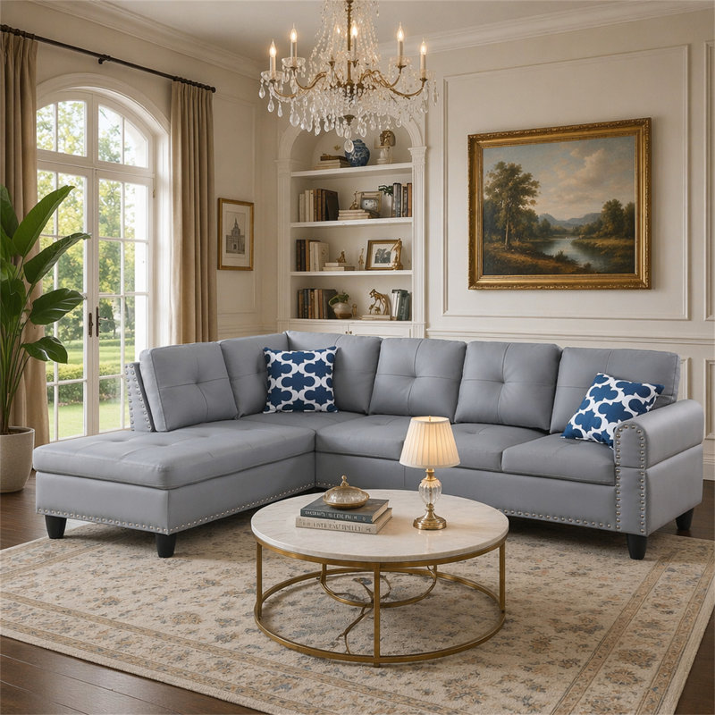 Faux Leather Sectional Sofa With Ottoman, Grey Faux Leather