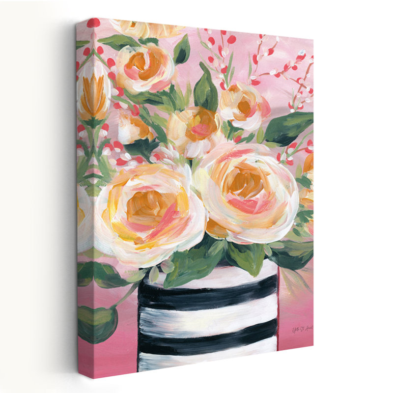 Fleurs de printemps contemporaines et BCBG dans un vase rayé II, H 60 po x l 40 po