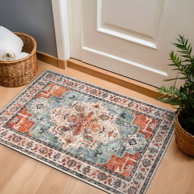 Transitional Medallion Washable Non Slip Area Rug