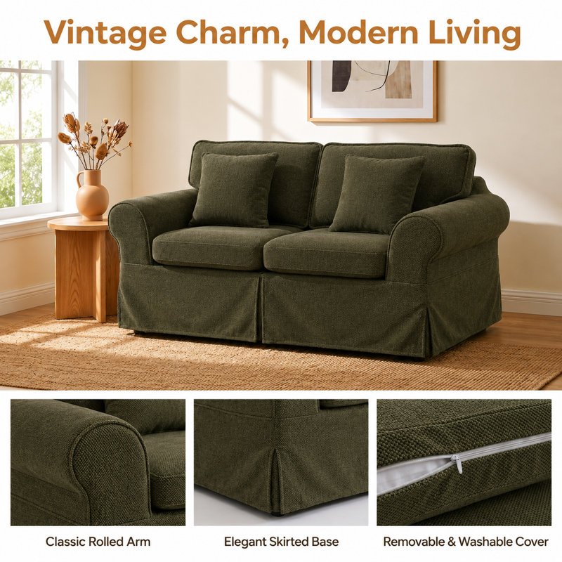 Greco Vintage Upholstered Rolled Arm Loveseat – Compressed Pack, Removable Cover, Green