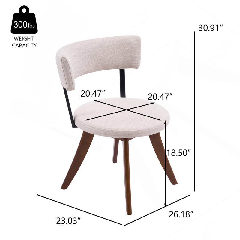 Chaises de salle à manger rembourrées modernes avec dossier incurvé, tissu beige et base en bois d'hévéa noyer, ensemble de 2