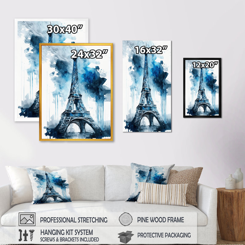 Tour Eiflel de Paris, gris et bleu - reproduction sur toile, L 24 po x H 32 po, Toile avec cadre flottant noir