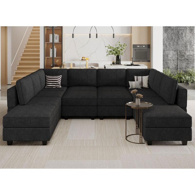 Neemi Modular and Standard U-Shaped Sectional with Storage , Black Polyester Blend