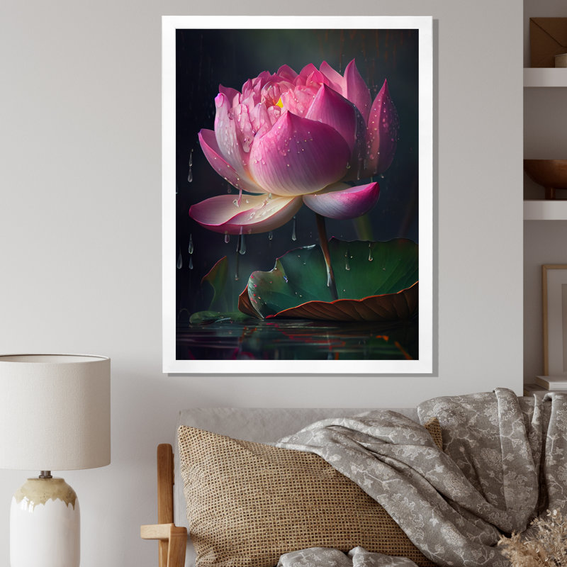 Magnifique lotus rose sur toile, H 20 po x l 12 po x P 1 po, Cadre simple blanc