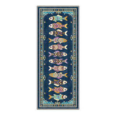 Soleil Geometric Machine Washable Blue Indoor Area Rug with Non-Slip Backing