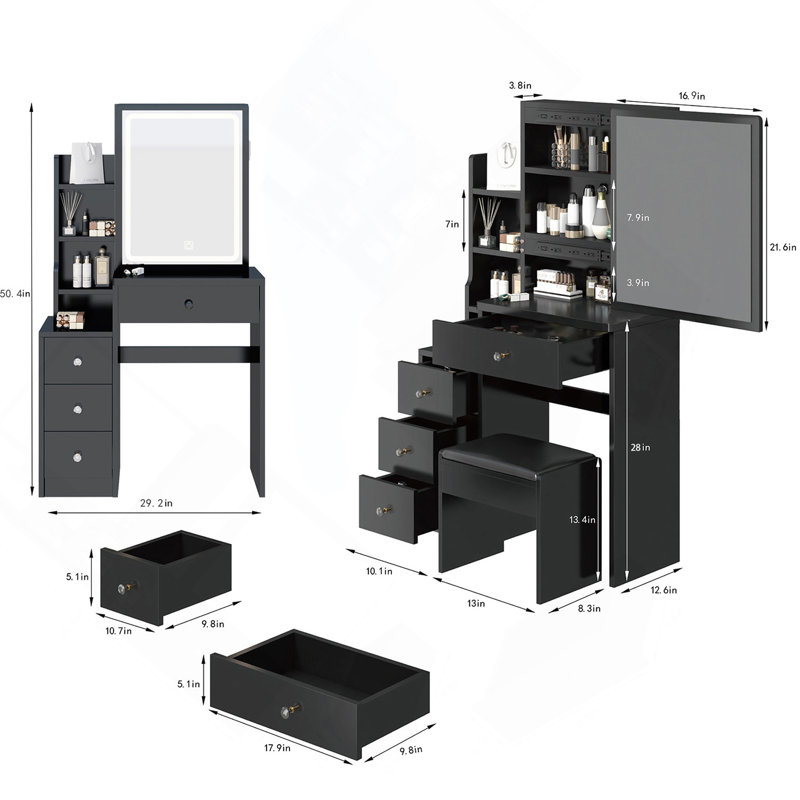 Compact And Stylish Bedside Cabinet Set With Extra Large Mirror And Abundant Storage, Black