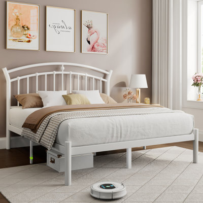  Full Size Metal Platform Bed With Victorian Style Headboard, Heavy Duty Steel Slat Support, 12"under Bed Storage,easy Assembly, White