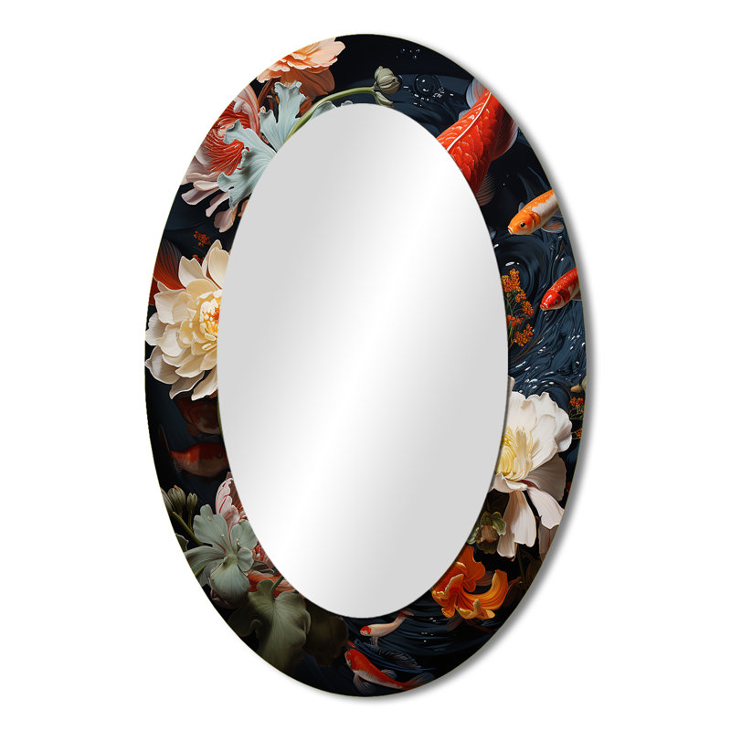 Asian Art Infinite Koi I - Miroir mural rouge Mid-Century, 36 po x 24 po