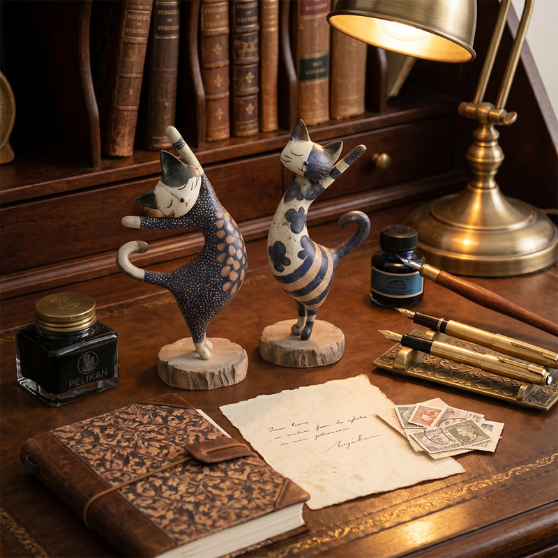 Ensemble de 2 figurines de chat dansant, sculptures éclectiques en résine bleue et blanche sur base de bois pour tablette et bureau