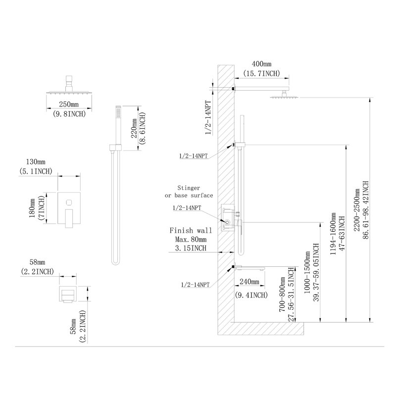 Luxury Rainfall Shower - 10" Square Bathroom System In Brushed Nickel, Brushed Nickel