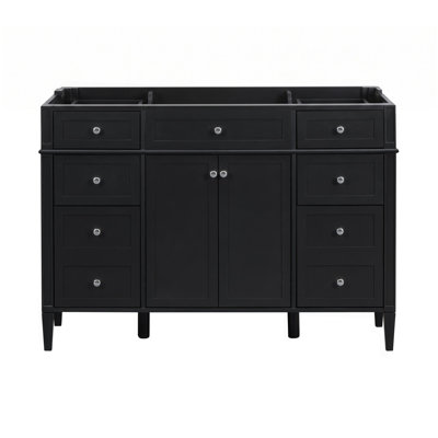 Armoire de meuble-lavabo 48 po seulement, base de meuble-lavabo autoportant en panneau de fibres à densité moyenne avec 6 tiroirs et 2 portes, armoire de rangement noire avec charnières à fermeture douce et poignées en métal argenté 聽