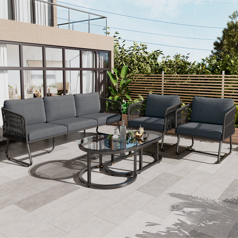 Beige Garden Furniture Set 5 Piece With Glass Table, Grey
