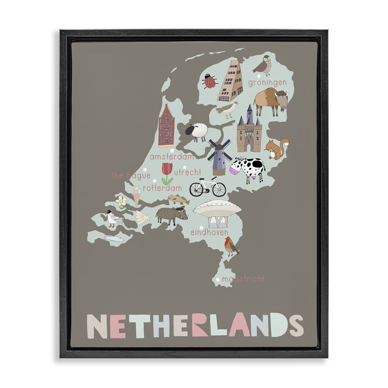 Carte flottante pour enfants des Pays-Bas, design par Carla Daly, Cadre flottant noir de jais, H 21 po x l 17 po