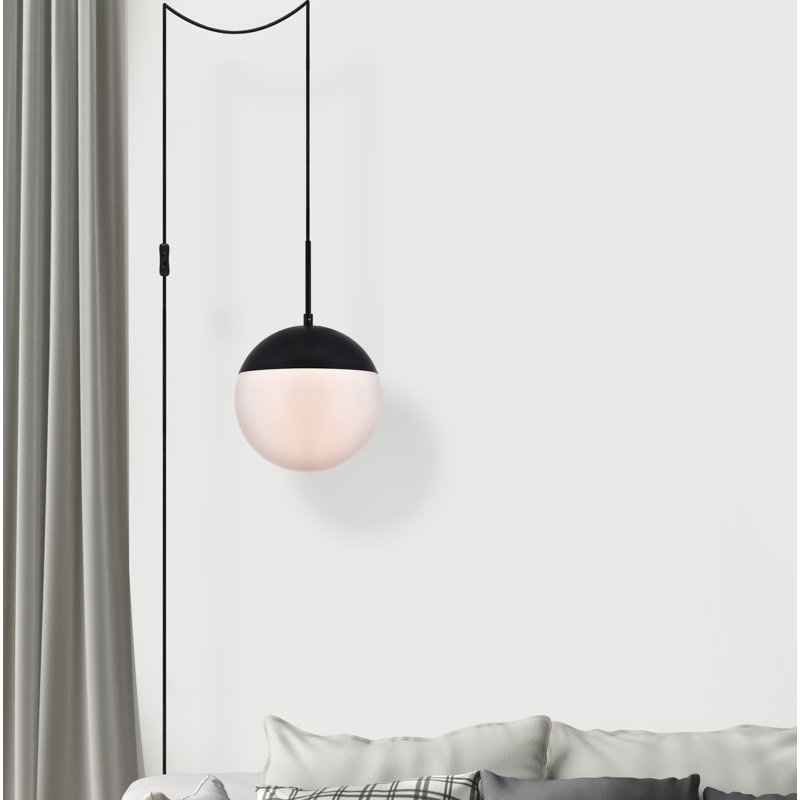 Luminaire suspendu sphère en verre et en métal 1 lumière Bulera, Noir, H 177 po x l 10 po x P 10 po
