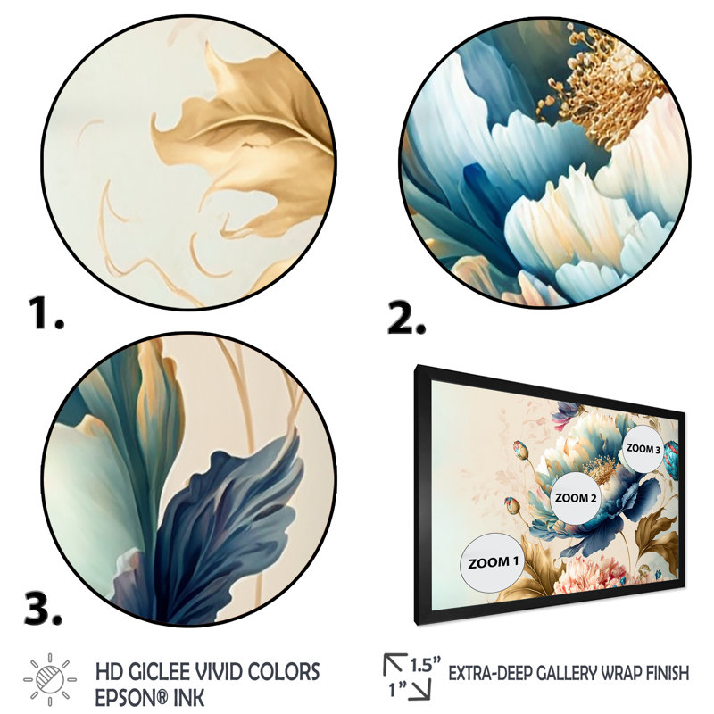 «Blue and Gold Floral Bunch I», peinture sur toile, Cadre simple noir, H 12 po x l 20 po x P 1 po
